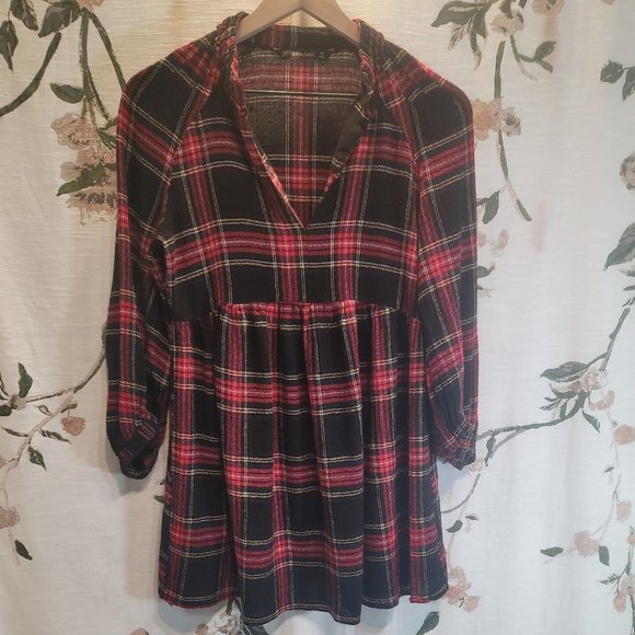 Zara Red and Black Plaid Blouse Tunic Top - Picture 1 of 9